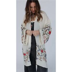 Boho Embroidered Kimono Duster OS Open Front Floral Long Sleeve Cardigan Jacket